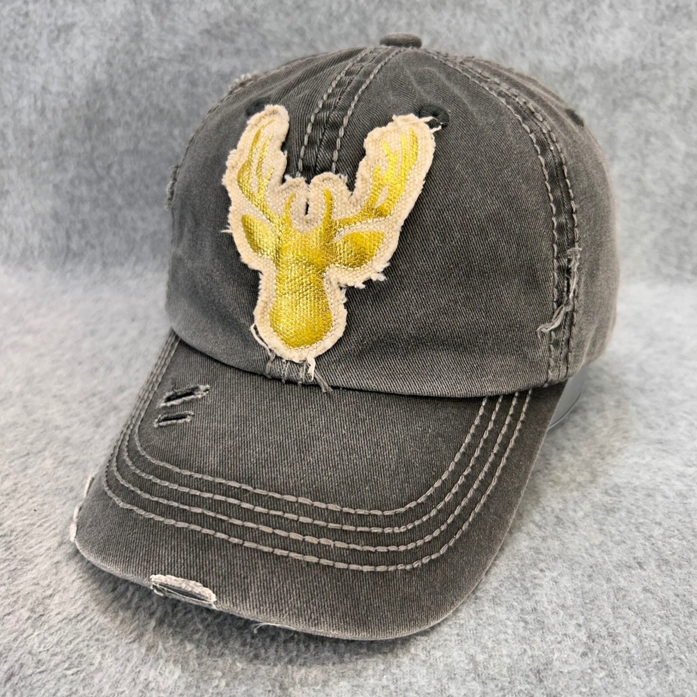 Gold Foil Deer Head Mens Gray Unbranded Baseball Cap Distressed Adjustable OSFM